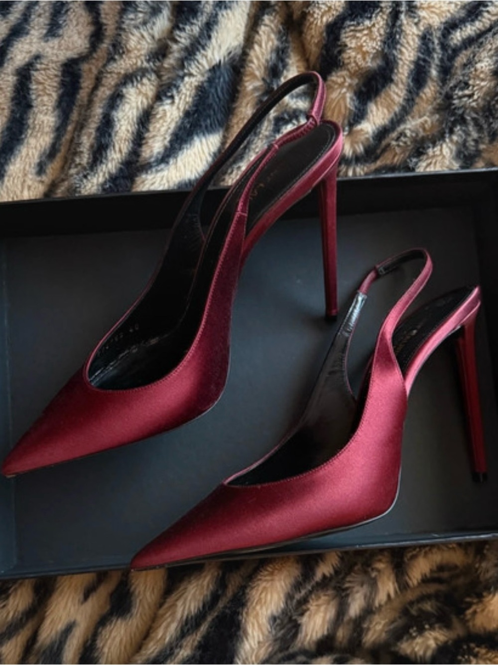 Saint Laurent Burgundy Satin Pointed Slingback Heels